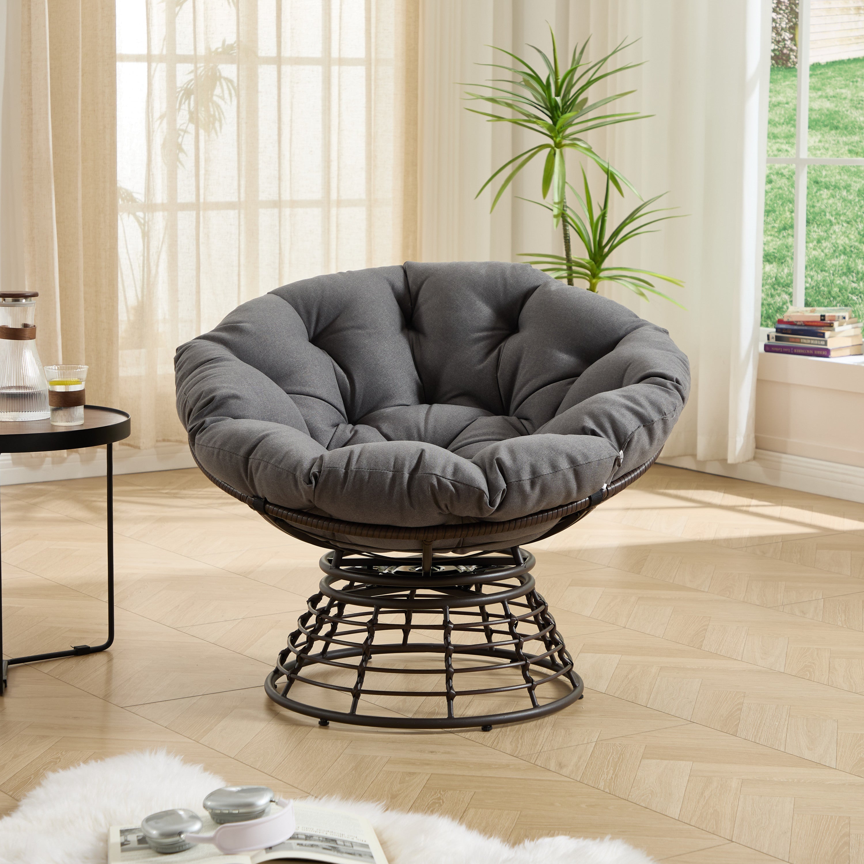 Comfortable Ergonomic Wicker Papasan Chair, 360° Swivel Indoor Outdoor Rattan