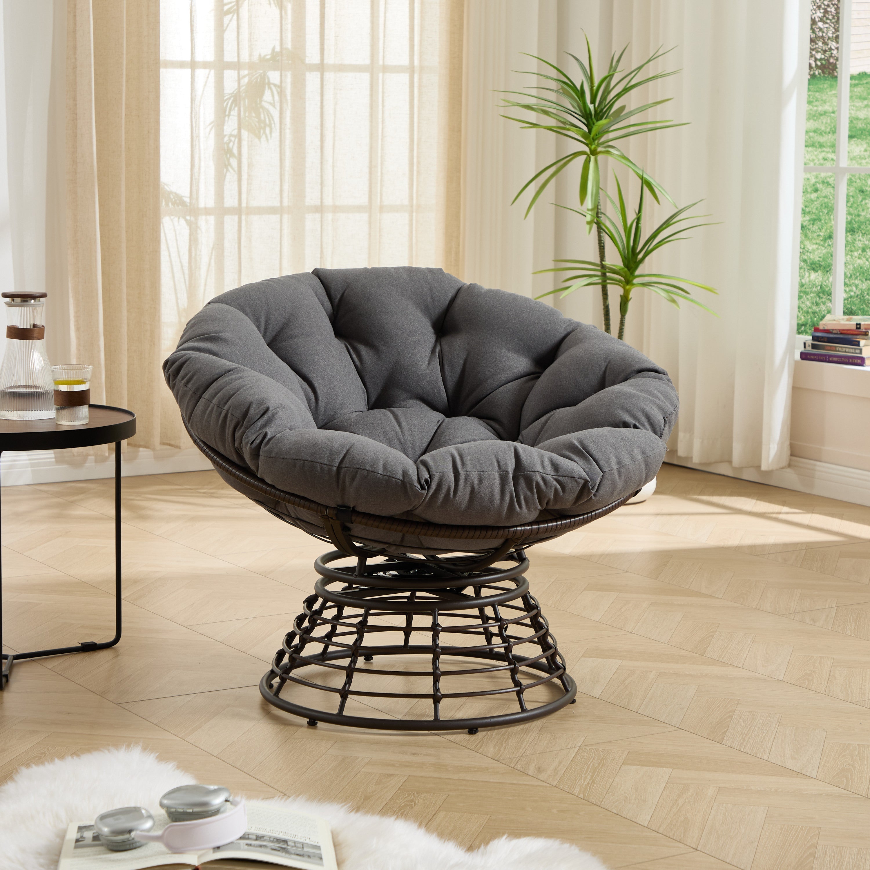 Comfortable Ergonomic Wicker Papasan Chair, 360° Swivel Indoor Outdoor Rattan
