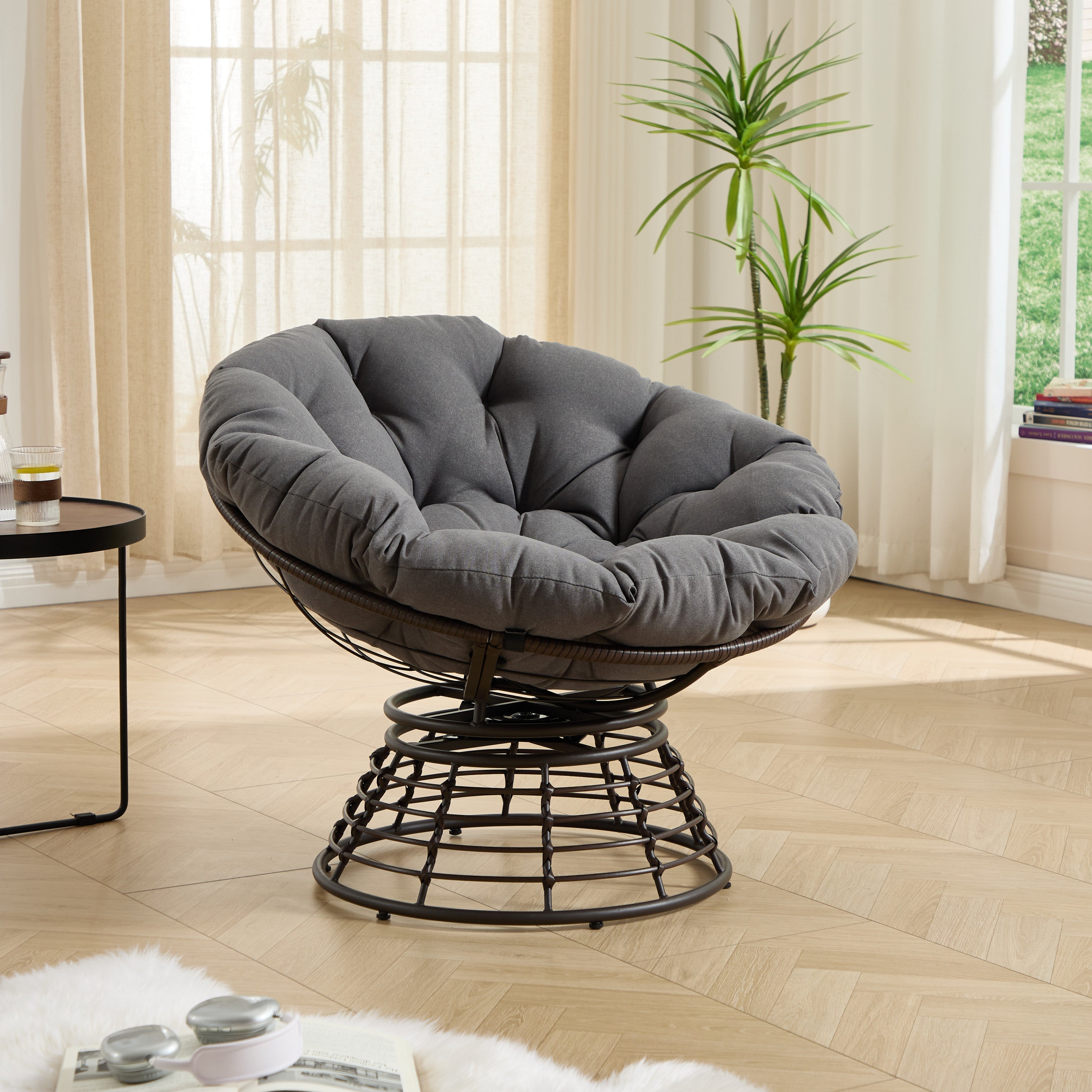 Comfortable Ergonomic Wicker Papasan Chair, 360° Swivel Indoor Outdoor Rattan