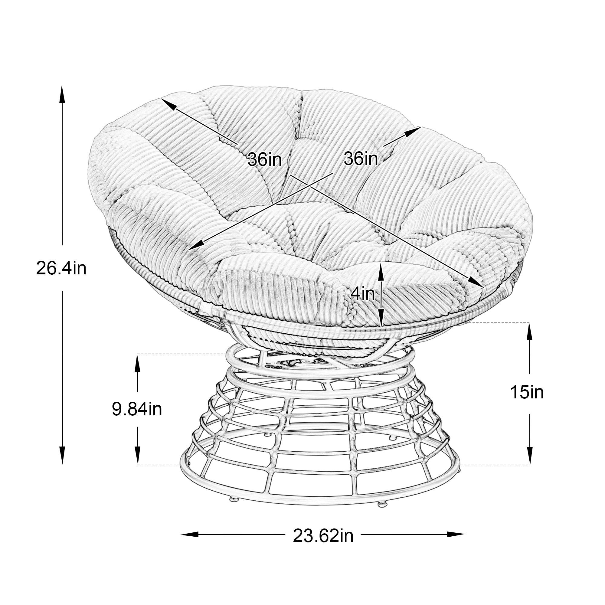Comfortable Ergonomic Wicker Papasan Chair, 360° Swivel Indoor Outdoor Rattan