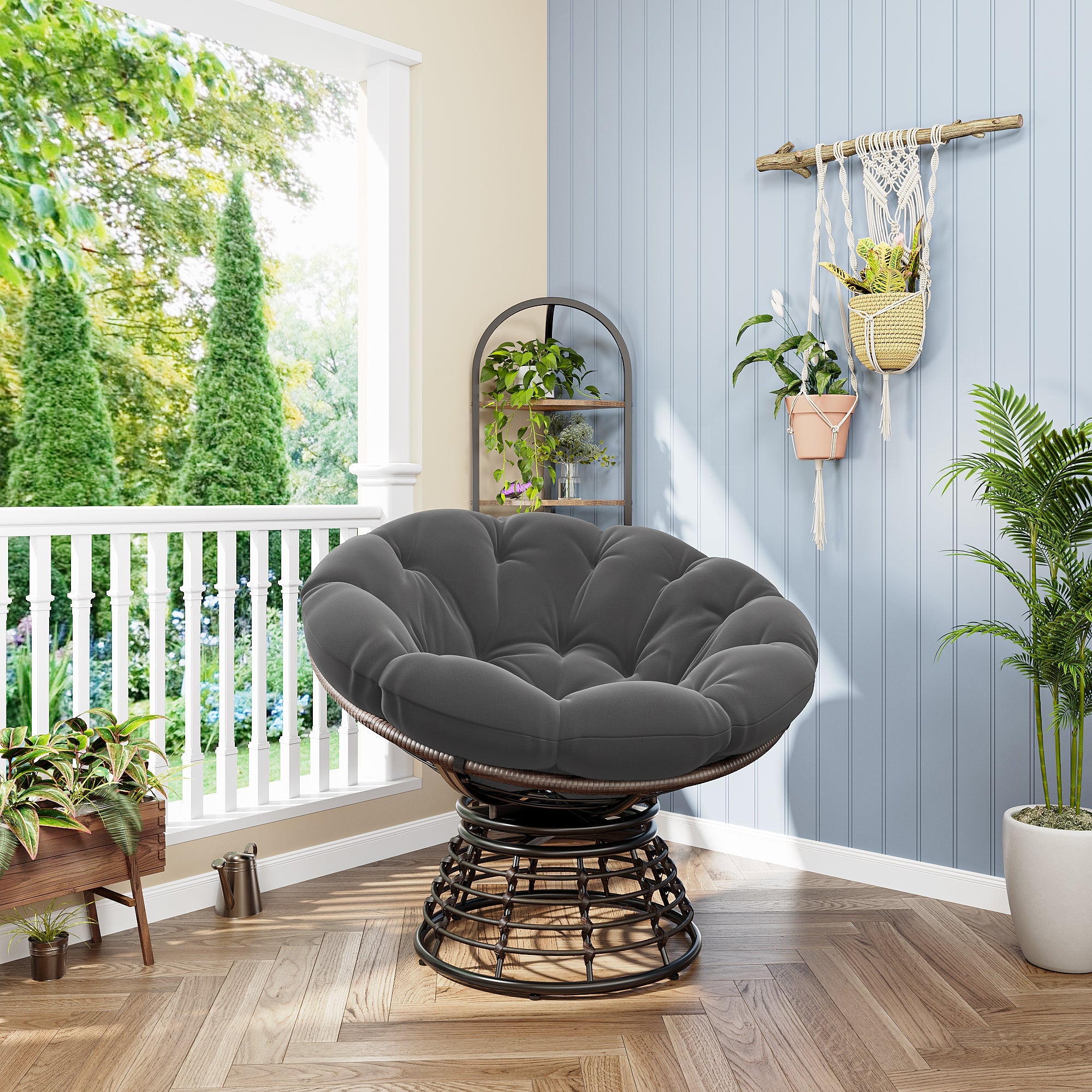 Comfortable Ergonomic Wicker Papasan Chair, 360° Swivel Indoor Outdoor Rattan
