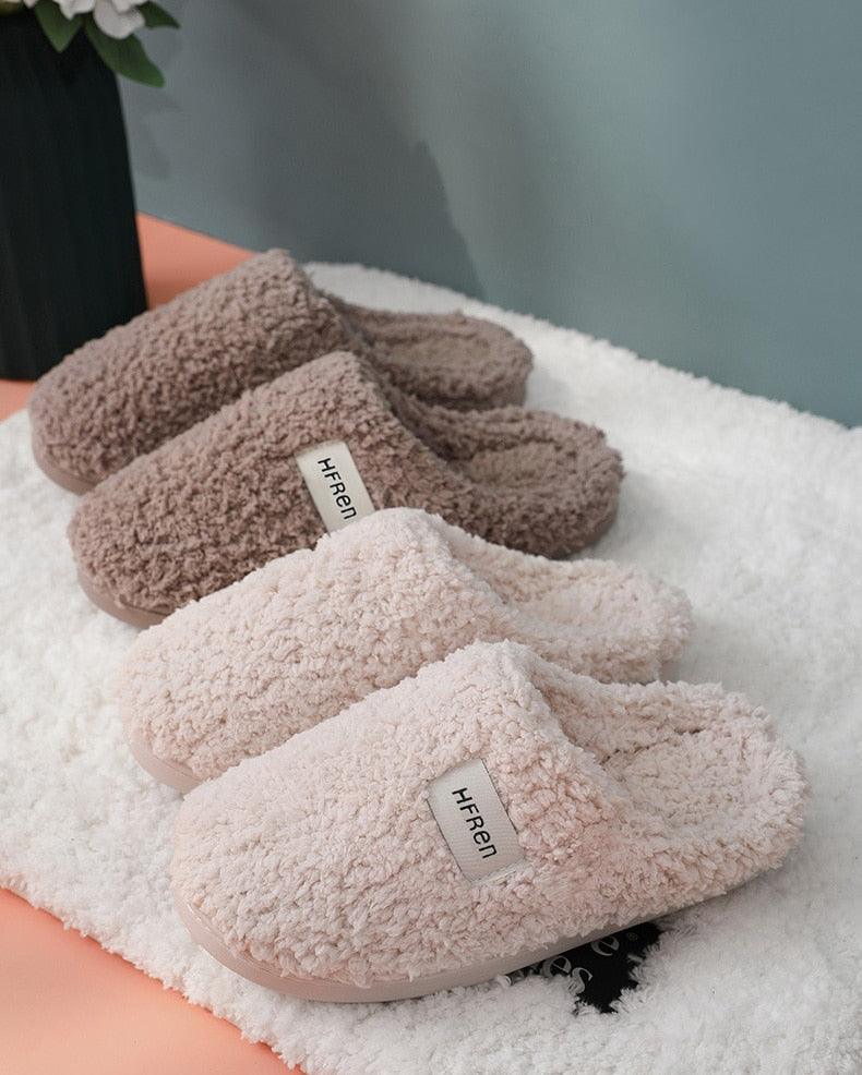 Winter Short Plush Cotton Home Slippers Women Indoor Floor Footwear Fashion Men Household Warm Slides Flat Couple House Slippers With Memory Foam Snd Comfortable Warm Shoes